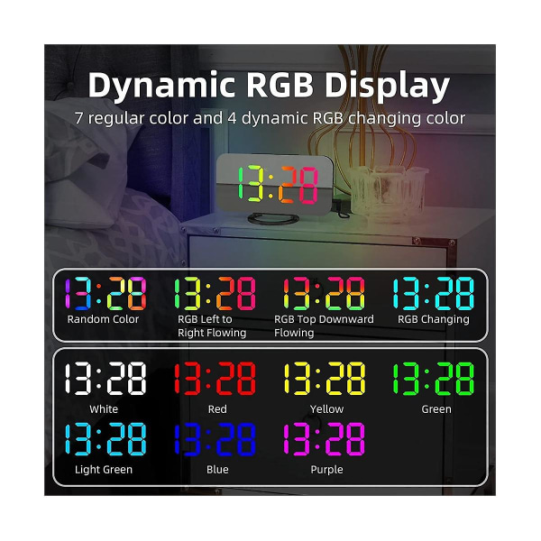 Rgb digital väckarklocka för sovrum, 6,5 tums HD och spegelskärm med 4 Rgb växlande färg och 7 R White
