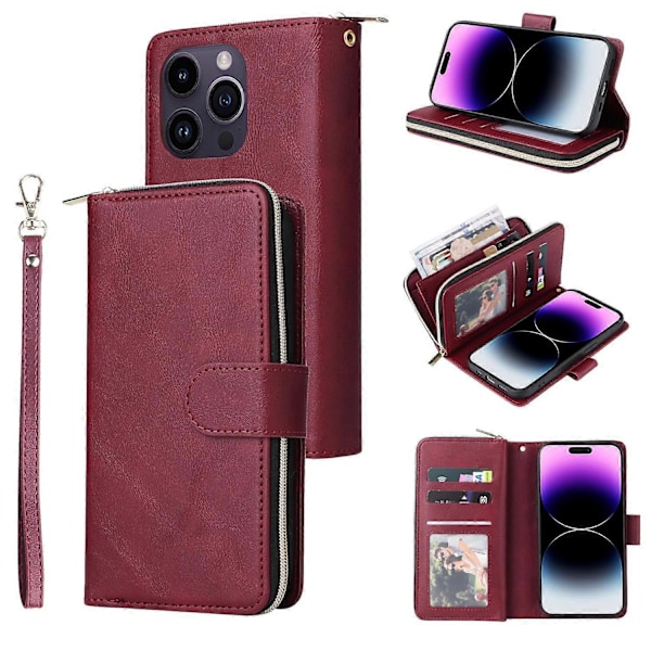 Til iPhone 15 Pro Max Telefon Stand Case Shell Lynlåslomme TPU+PU Læder Kort Slots Pung Multicolor Wine Red