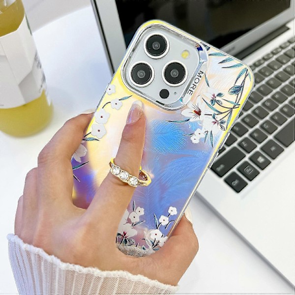 Blommig Lasertextur Skal för iPhone 15 Pro Max med Ringstativ Multicolor Style P