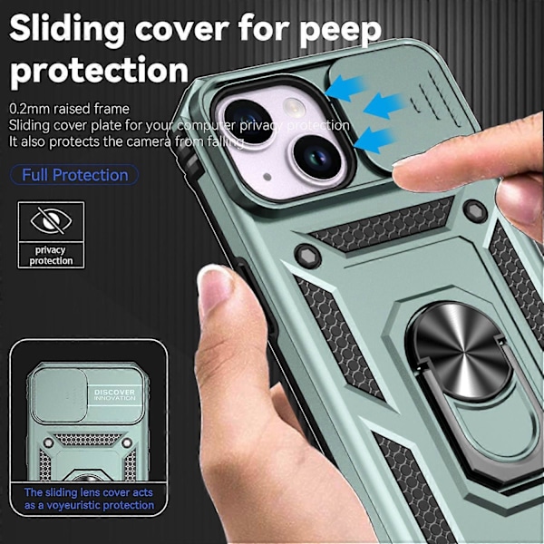 Skal med skjutbart kameraskydd för iPhone 15 Plus Fodral Metallring Ställ PC+TPU Skydd Multicolor Style G