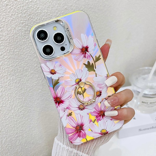 Blommig Lasertextur Skal för iPhone 15 Pro Max med Ringstativ Multicolor Style H