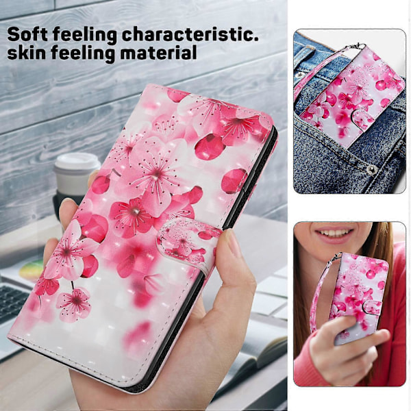 Skal till iPhone 16 Plus med Ställ, Mönstertryck, Läderfodral - Stående Katt Multicolor Red Flower