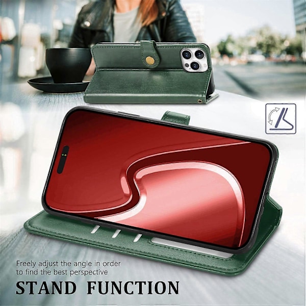 Læder telefoncover med pung, stativ og håndledsrem til iPhone 16 Pro Max - Multicolor Green