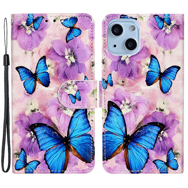 Stativ Telefonplånbok Case För Iphone 15 Plus, Pu Lädermönster Utskrift Cover Purple Flower Butterfly