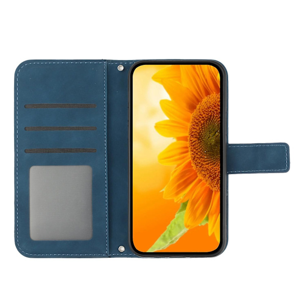 Til Samsung Galaxy A22 5g (EU Version) Ht04 Præget Solsikke Pu Læder Smartphone Cover Stativ Stødsikker Hud-venlig Telefon Wallet Etui Med Skulderrem Dark Blue