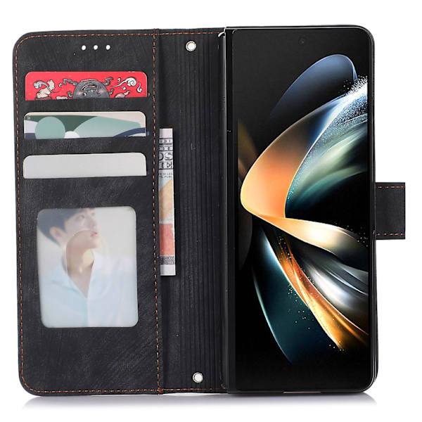 Samsung Galaxy Z Fold5 5G PU-nahka+PC Lompakkokotelo Jalustalla, Pehmeä Suojakuori Black