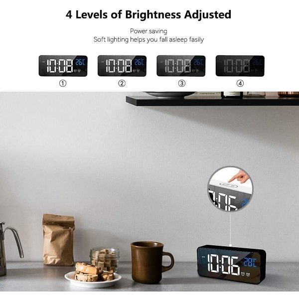 Digital väckarklocka med stor LED-temperaturdisplay, bärbart spegellarm med dubbelt larm, Svart