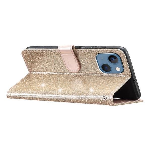 Glittery PU læder etui folio flip wallet stand smartphone cover til iPhone 14 Plus Multicolor Style C