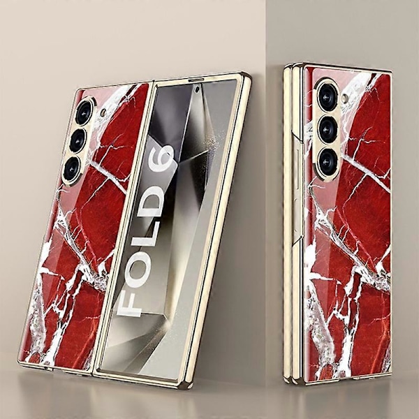 GKK Etui til Samsung Galaxy Z Fold6 5G Elektroplettering Marmormønster Hærdet Glas+PC Telefoncover Multicolor Style B