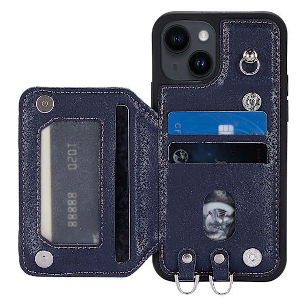 För Iphone 15 Plus Rfid Blocking Case Drop Resistant Pu+tpu telefonskal med handledsrem Blue