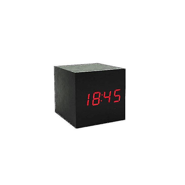 Usb Digitalt Led Træ Kubus Bordur Alarm Stemmestyring Termometer Timer Kalender Boligindretning