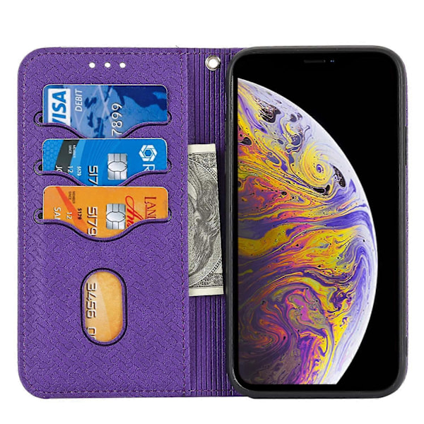 Auto-absorbert vevd tekstur lommebok stativ skinnetui med praktisk stropp for iPhone 11 6.1 tommer