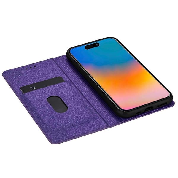 Glittery PU læder+TPU kortslot telefoncover til iPhone 16 Plus - Grå Multicolor Purple