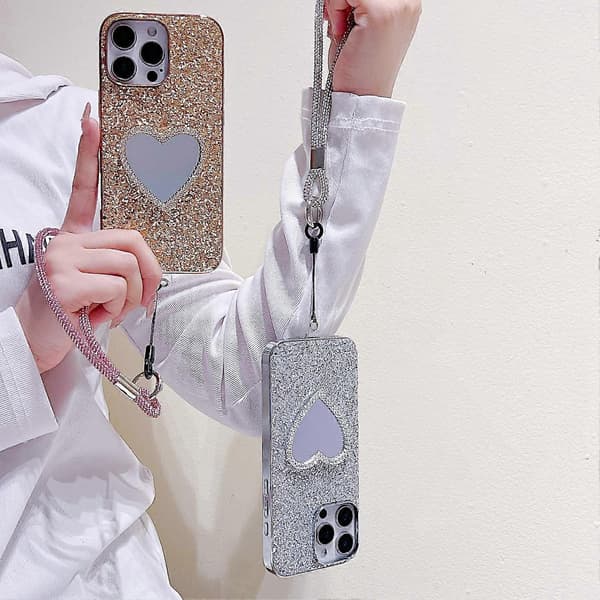 Deksel til iPhone 16 Pro Max med stropp, Speil TPU + PC glitrende glitter telefon bakdeksel Multicolor Silver