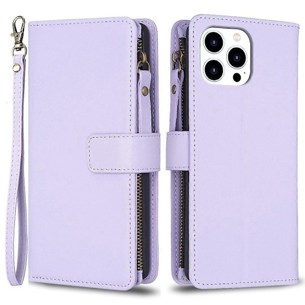 BF Style-19 Lommebokdeksel i PU-lær med glidelås og stativ for iPhone 15 Pro Multicolor Style F