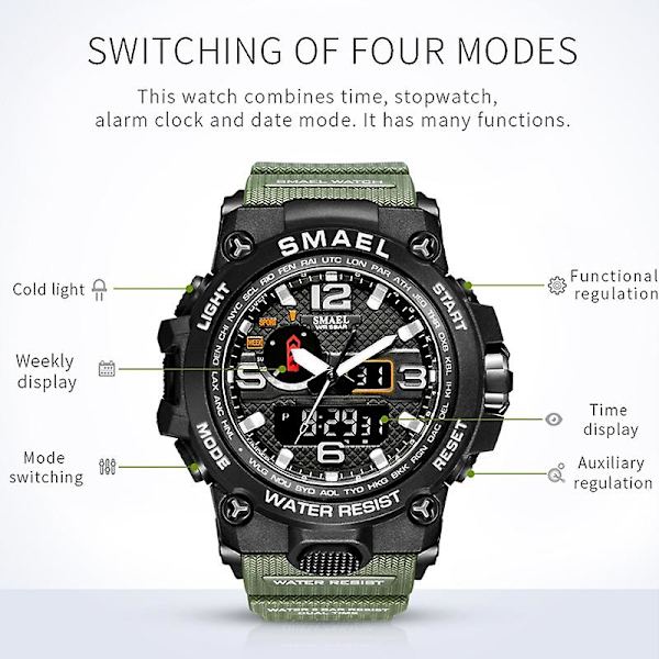 Smael 1545d Nattljus Vattentät Outdoor Watch Röd Army Green