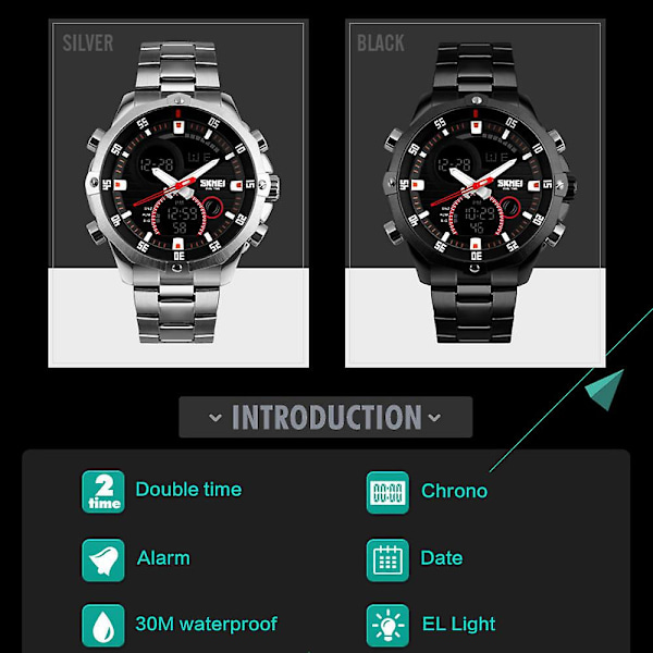 Praktisk Trendig Analog-Digital Dual Time Watch 3ATM vattentålig watch silver