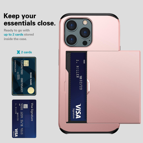 Telefondeksel med skyvbart kortholder for iPhone 15 Pro Max, ripebestandig TPU + PC-telefondeksel Rose Gold