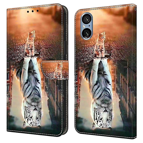 Til Sony Xperia 5 V Etui Magnetisk Lås 3D Mønster Læder Wallet Telefon Cover Multicolor Cat and Tiger