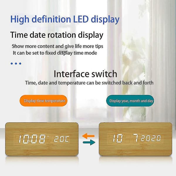 Trä Led Väckarklocka Digital Display Skrivbordsklocka Bambu Trä Färg