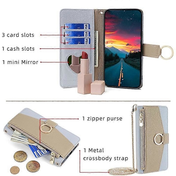 För iPhone XR Fodral PU Läder Telefonfodral Plånbok Sminkspegel med Axelrem - Grön Multicolor Blue