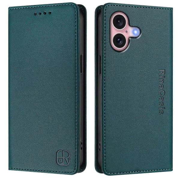 Läderfodral RINACASIS RC01 för iPhone 16 med RFID-skydd, plånboksställ Multicolor Dark Green