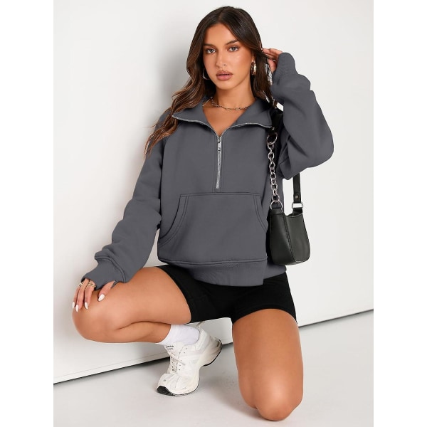 Damtröjor Halv dragkedja Cropped Pullover Fleece Quarter Zipper Huvtröjor Höstkläder Kläder Tumhål Darkdrey X-Large