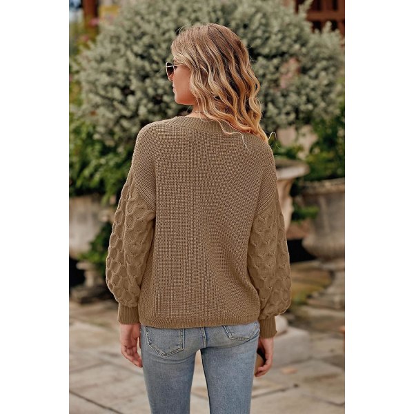 Dame 2023 Vinter Pullover Sweater Afslappet Langærmet Rund Hals Løs Tyk Strikket Jumper Toppe Bluse Khaki Large