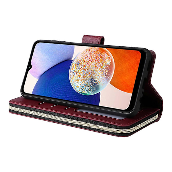 Til Samsung Galaxy A15 4G/A15 5G Læder Etui med 9 Kortlommer og Håndledsrem Multicolor Wine Red
