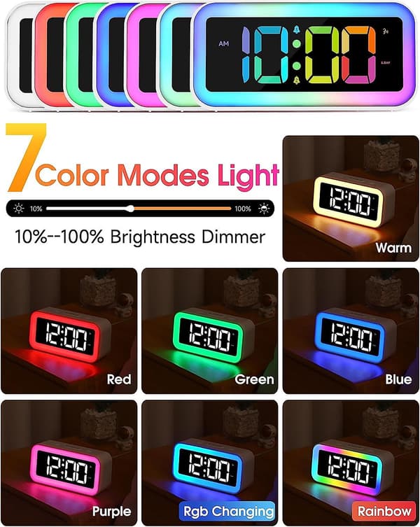 Hög väckarklocka för sovrum med dynamiskt RGB nattljus, tunga sovande vuxna, dubbla White