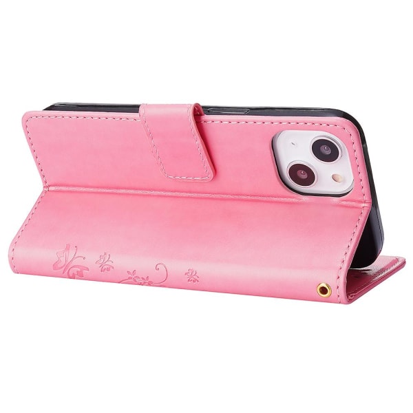 För Iphone 15 Plus Pu Läder Cover Phone case Imprinted Butterflies Shell Stand with rem Pink