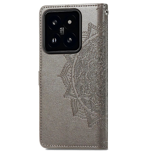 Til Xiaomi 14T Pro Etui Mandala Præget Design Læder Wallet Telefon Cover- Multicolor Grey
