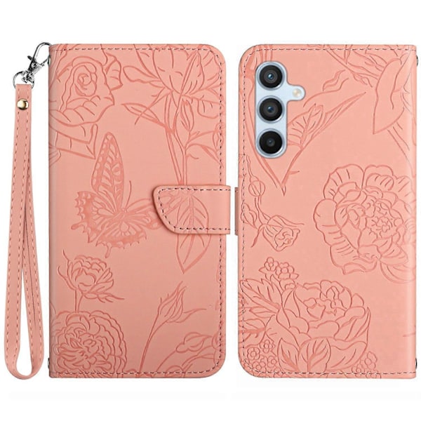 Fodral för Samsung Galaxy A55 5G med fjärilsmönster, läder och handledsrem Multicolor Style D