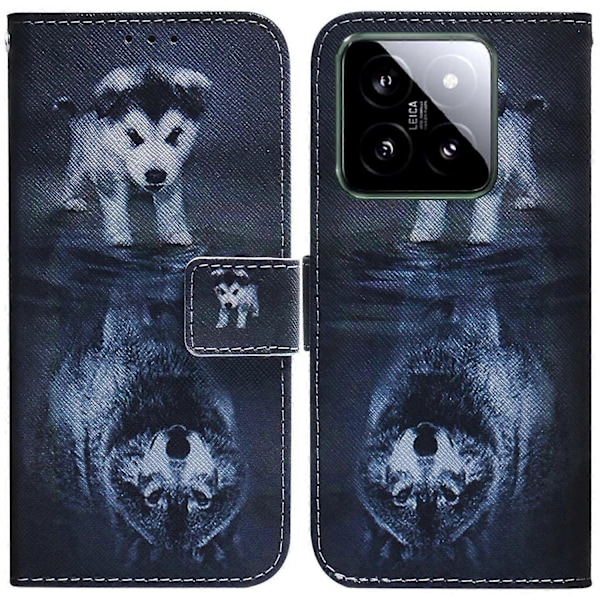 Läderfodral med mönstertryck för Xiaomi 14, plånboksfodral Multicolor Dog and Wolf