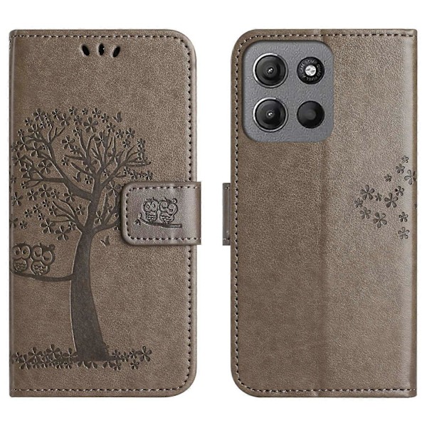 Til Motorola Moto G15 4G/G15 Power 4G Etui PU Læder Ugle Træ Præget Tegnebog Telefon Cover- Multicolor Grey