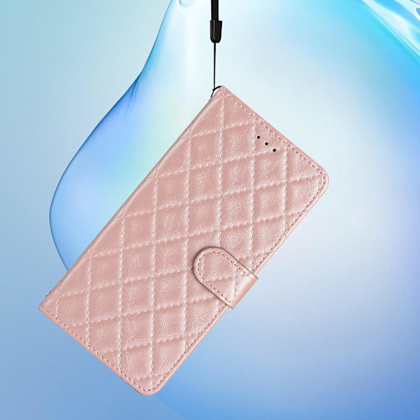 Stødsikkert Rhombus Syning Læder Etui med Pung og Støttefod til iPhone 15 Pro Rose Gold