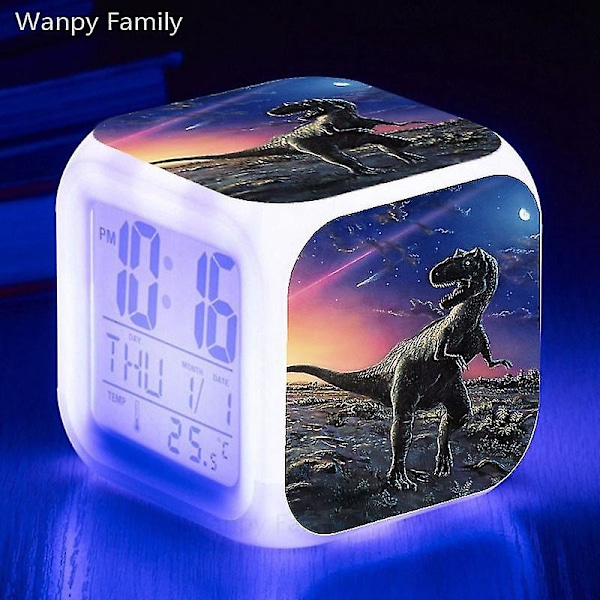 Tyrannosaurus Dinosaurie Väckarklocka 7 färgbyte Multifunktions väckningstimer Barnrum Lysande elektronisk watch Present till barn Gray