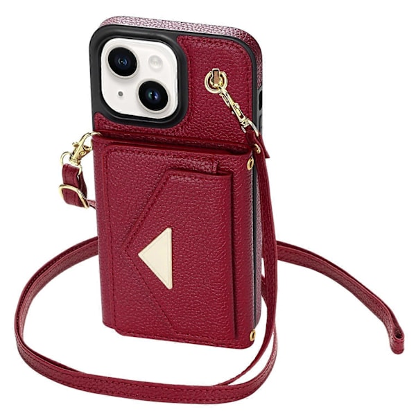 Til iPhone 14 Etui Kort Taske Ridsefast Læder+TPU Cover med Skulderrem Multicolor Style B