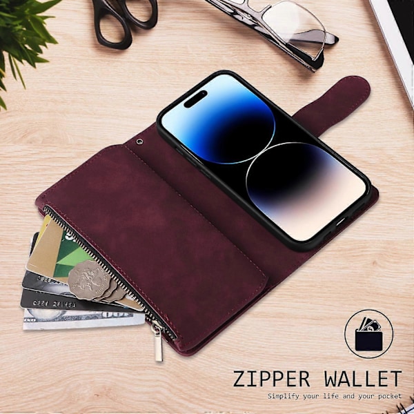 Lynlåspung PU læder stativ faldbestandigt cover til iPhone 15 Pro mobiltelefonetui Multicolor Wine Red