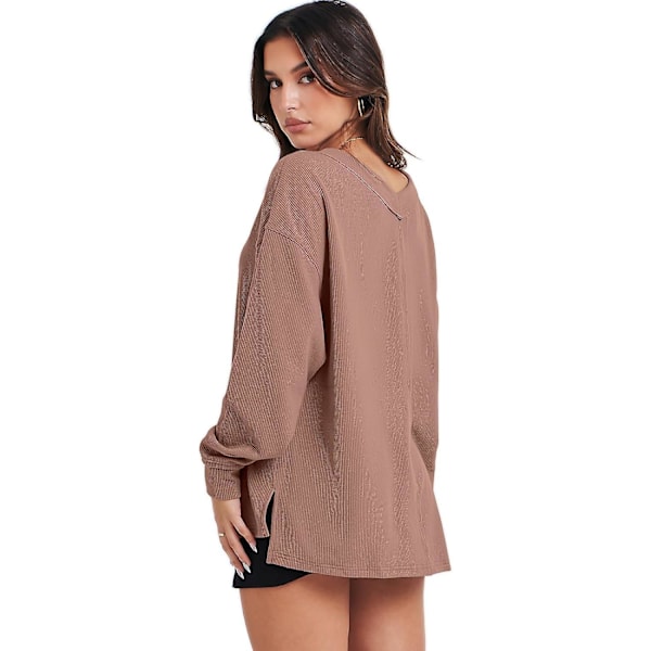Dam långärmad skjorta V-ringad off-shulder Oversized stickad tröja lös hög låg höst tunika toppar Deep Apricot Large