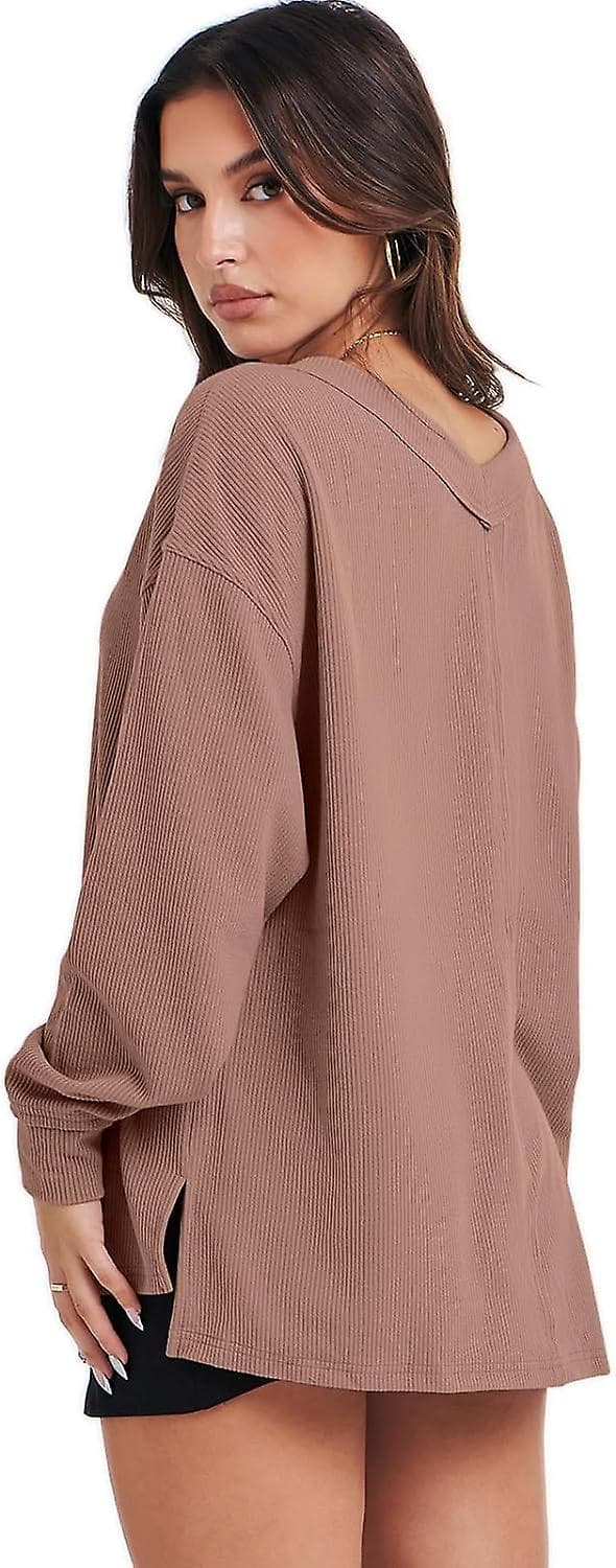 Dame Langærmet Skjorte V-hals Off Shoulder Oversized Strikket Pullover Sweatshirt Løs High Low Efterårs Tunika Toppe Deep Apricot Medium