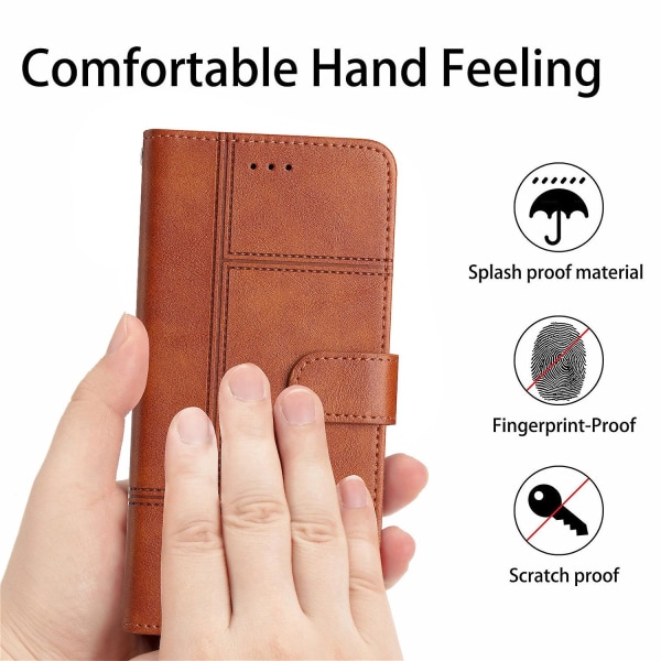 Læder Wallet Case til iPhone 15, Linje Præget Ko Læder Tekstur Stand Telefon Cover Brown