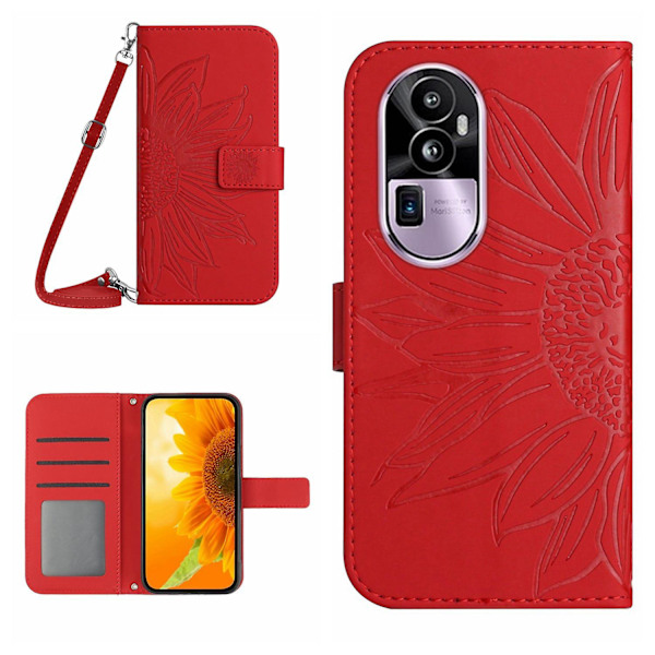 Ht04 Pu Läder Phone case För Oppo Reno10 Pro+ 5g Sunflower Imprint Cover med axelrem Red