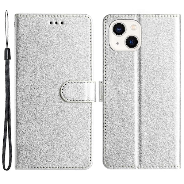 iPhone 15 Plus PU-nahka+TPU Lompakkokotelo Jalustalla ja Hihnalla, Silkkikuvio Multicolor Style F