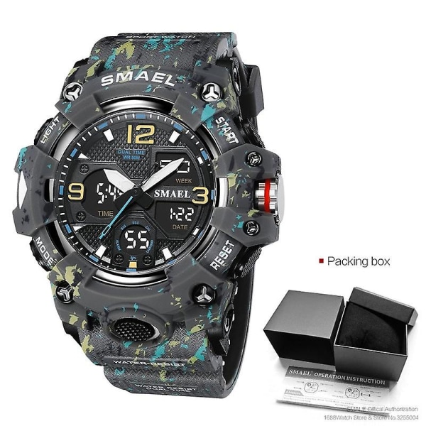 Smael Dual Time Watch För män Mode Vattentät Quart Digital Armbandsur Väckarklocka Led Bakgrundsbelysning Kalenderklockor 8008 Camo Gray-Box