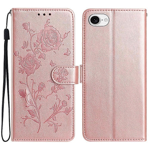 For iPhone 16e Wallet Case Rose Mønster Præget Læder Flip Stand Telefon Cover Multicolor Rose Gold