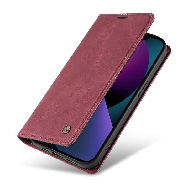 Ihonmyötäinen suojakotelo iPhone 15 Plus -puhelimelle PU-nahasta, lompakko ja jalusta Wine Red