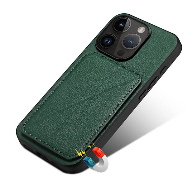 Calf Texture Pu+pc+tpu case för Iphone 13 Pro 6.1" Drop-proof kortplats Kickstand Phone Cover Green