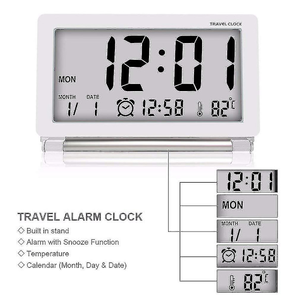 Digital reseväckarklocka, vikbar LCD-skärmsklocka med kalendertemperatursnoozefunktion, bärbart batteri
