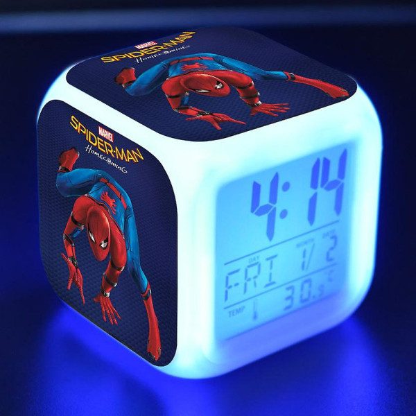 Wekity Spider Man väckarklocka 7-färgad led fyrkantig klocka Digital väckarklocka med tid, temperatur, väckarklocka och datum